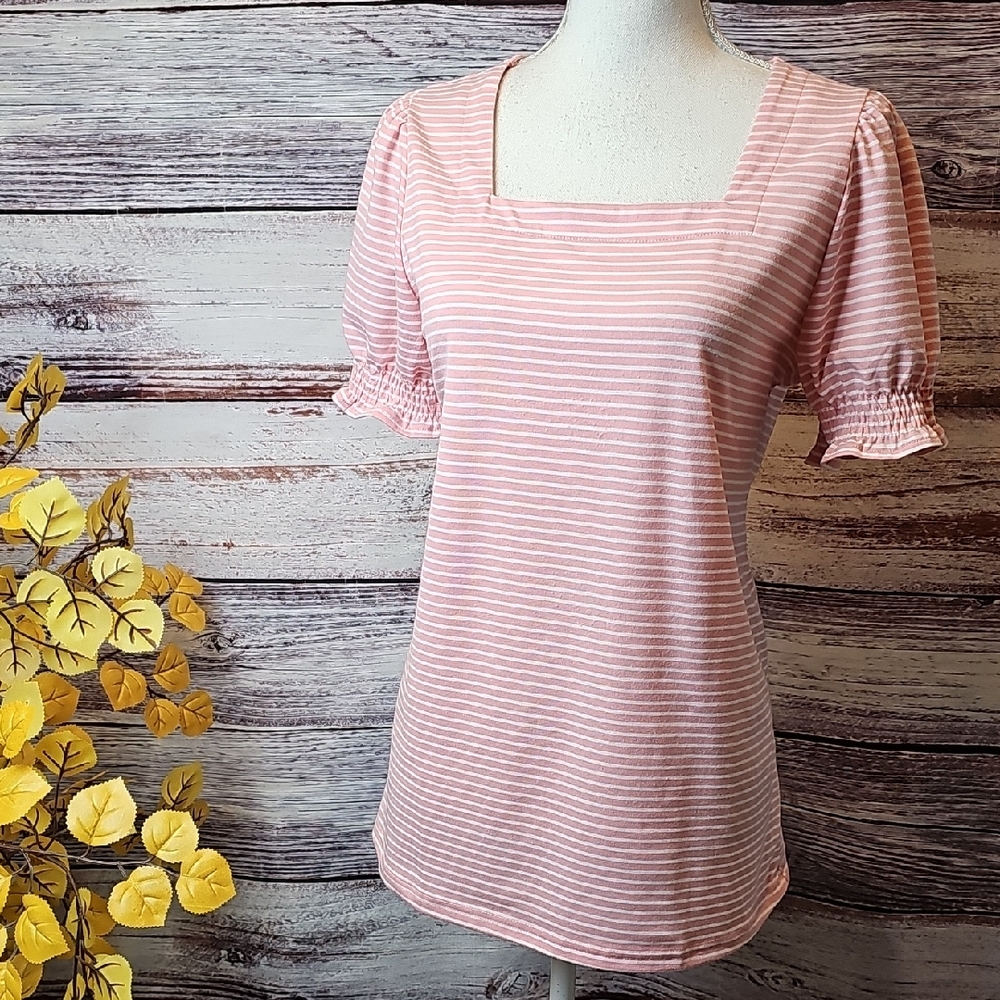 WIHOLL PINK BLUSH & WHITE STRIPED SHIRT ELASTIC PUFF SLEEVE PULLOVER TEE